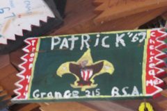 Troop 414 plaque from 1969 at Camp Hinds in Ring Hall. They stayed in Patrick. Located in the middle rafters of bay 1.