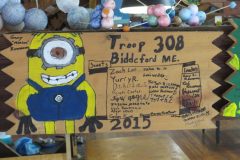 Troop 308 plaque from 2015 at Camp Hinds in Ring Hall. Located in the middle rafters of bay 1.