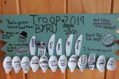 Troop 2019 plaque from 2021 at Camp Hinds. They stayed in Byrd. It is located in the Dining Hall.