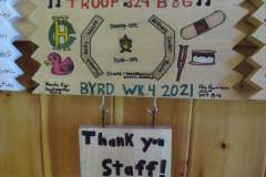 Troop 329 plaque from 2021 at Camp Hinds. They are from Saco and stayed in Byrd. Located in the dining hall.