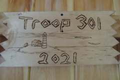 Troop 301 plaque from 2021 at Camp Hinds. They are from York. Located in the dining hall.