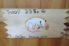 Troop 338 plaque from 2021 at Camp Hinds. They are from South Berwick. Located in the dining hall.