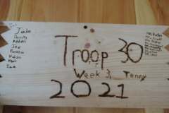 Troop 30 plaque from 2021 at Camp Hinds. They stayed in Tenny. Located in the Dining Hall.