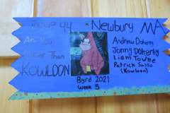 Troop 44 plaque from 2021 at Camp Hinds. They are from Newbury, MA and stayed in Byrd campsite. Located in the dining hall.