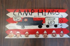 Troop 603 plaque from 2025 at Camp Hinds in the dining hall. Located in the dining hall.