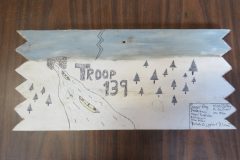 Troop 139 plaque from 2025 at Camp Hinds in the dining hall. Located in the dining hall.