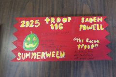 Troop 116 plaque from 2025 at Camp Hinds in the dining hall. They stayed in Baden Powell campsite. Located in the dining hall.