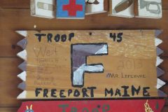 Troop 45 plaque from 2013 at Camp Hinds in Ring Hall. They stayed in West. Located on the main entrance wall of Ring Hall.
