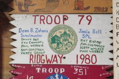 Troop 79 plaque from 1980 at Camp Hinds in Ring Hall. They stayed in Ridgway. Located on the main entrance wall of Ring Hall.