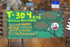 Troop 304 plaque from 2015 at Camp Hinds. They are from Kennebunk and stayed in Brownsea. Located in the middle rafters of bay 1 in Ring Hall.