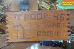 Troop 46 plaque from an unknown year at Camp Hinds. They stayed in Baden Powell. Located in the middle rafters of bay 1 in Ring Hall.