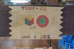 Troop 613 plaque from 2016 at Camp Hinds. They are from West Gardiner and stayed in West. Located in the middle rafters of bay 1 of Ring Hall.