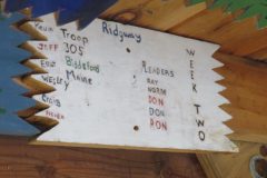 Troop 305 plaque at Camp Hinds from an unknown year. They stayed in Ridgway and are from Biddeford. Located in the middle rafters of Bay 1 in Ring Hall.