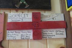 CIT plaque from 2013 (Session 1) at Camp Hinds in Ring Hall. They stayed in Boone. Located on the main entrance wall of Ring Hall.