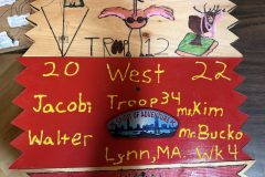 Troop 34 plaque from 2022 at Camp Hinds. They are from Lynn, MA and stayed in West. Located in the dining hall.