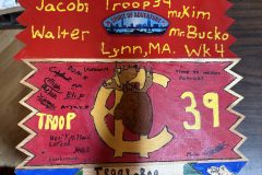 Troop 39 plaque from 2023 at Camp Hinds. They stayed in Patrick and are from Scarborough. Located in the dining hall.